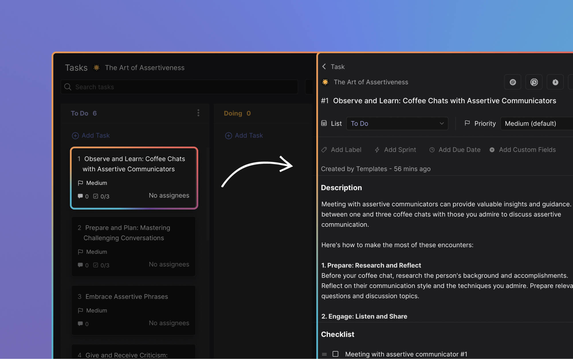 assertive work to do tasks in a project management template