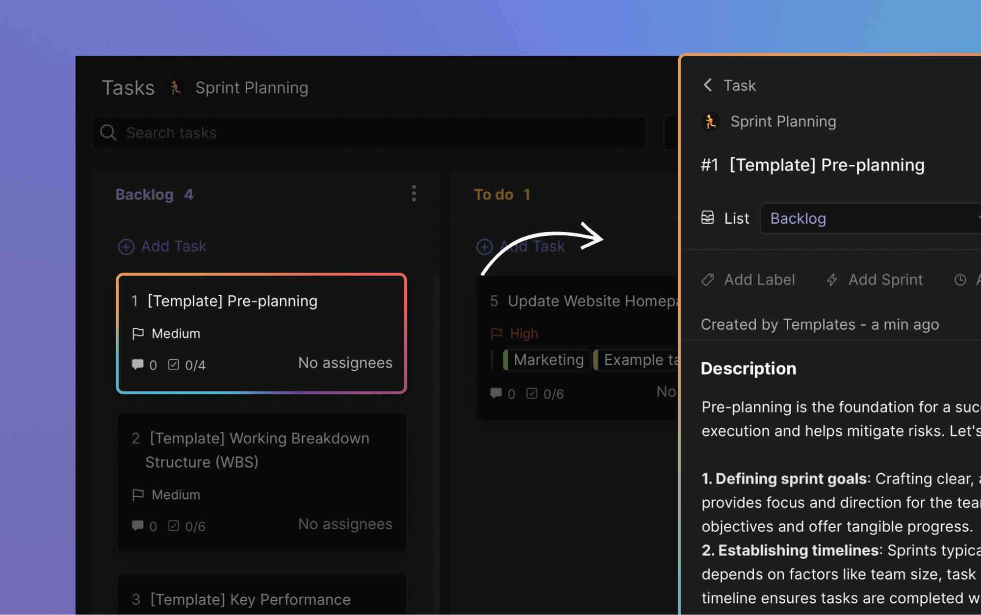 Pre-planning phase in sprint planning template