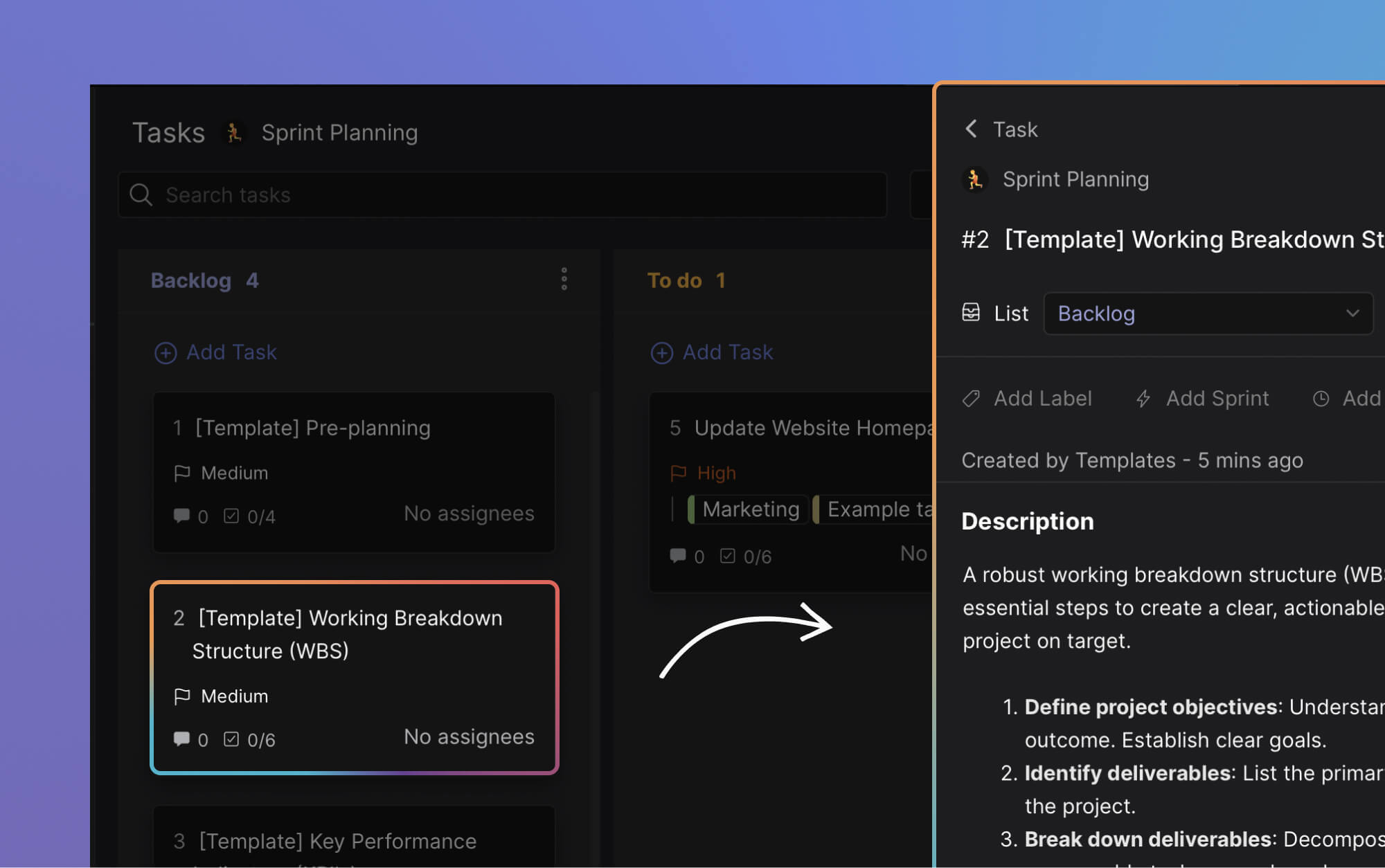 WBS in sprint planning template